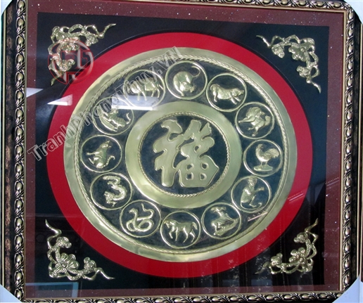 Tranh phong thủy Chữ Phúc in hình 12 con giáp 